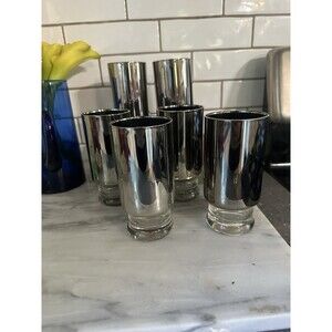 Set Of 6 Mercury Coated Footed Collins Glasses Clear Glass Base Solid Silver Cup